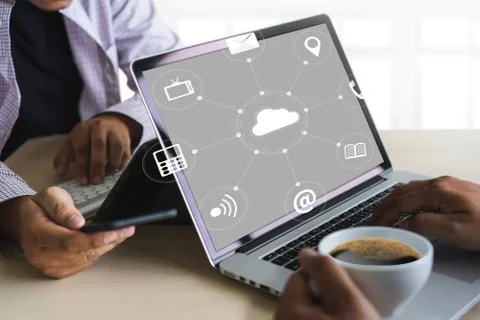 Cloud Service (Cloud Computing diagram on the new computer interface) Stock Photos