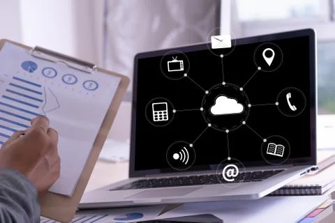 Cloud Service (Cloud Computing diagram on the new computer interface) Stock Photos