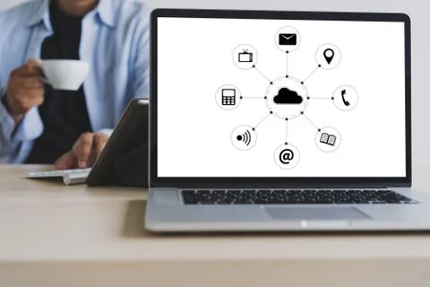 Cloud Service (Cloud Computing diagram on the new computer interface) Stock Photos