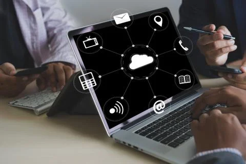 Cloud Service (Cloud Computing diagram on the new computer interface) Stock Photos