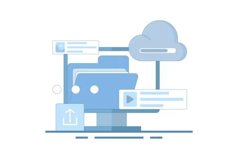 Cloud service concept. Data storage. Files uploaded to cloud storage. Stockillustratie