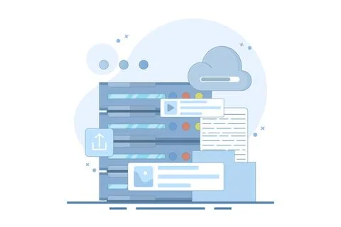 Cloud service concept. Data storage. Files uploaded to cloud storage. Stockillustratie