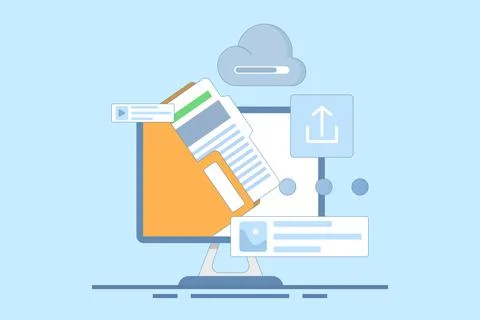 Cloud service concept. Data storage. Files uploaded to cloud storage. Stockillustratie