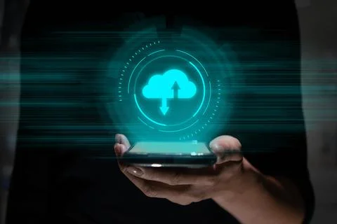Cloud service concept with file storage and sharing over hand with icon and f 스톡 사진