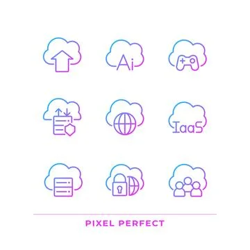 Cloud service for data processing pixel perfect gradient linear vector icons set Stock Illustration