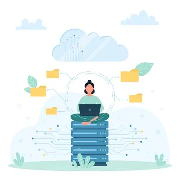 Cloud service for data storage, tiny woman sitting on server hardware with Stock Illustration