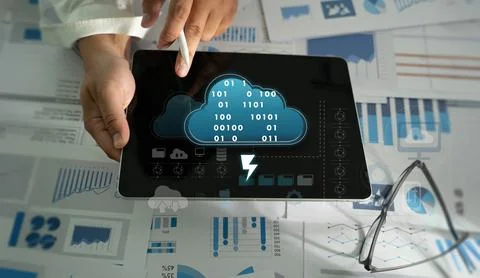 Cloud service to document A businessman uses cloud technology to access, st.. Stock Photos