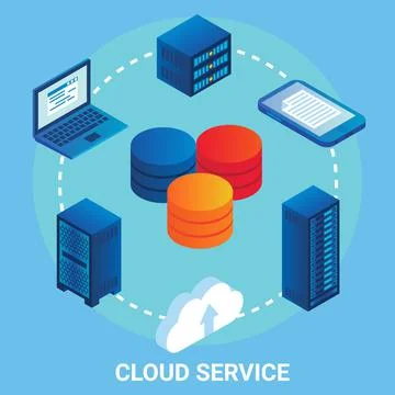 Cloud service flowchart, vector illustration. Isometric laptop computer, mobile Illustrazione stock