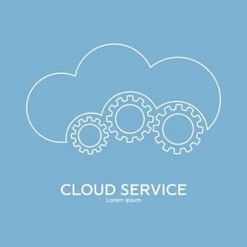 Cloud service logo template. Line style icon of cloud with gears. Vector. Illustrazione stock