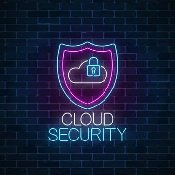 Cloud service security glowing neon sign. Internet protection symbol with shi Stock Illustration