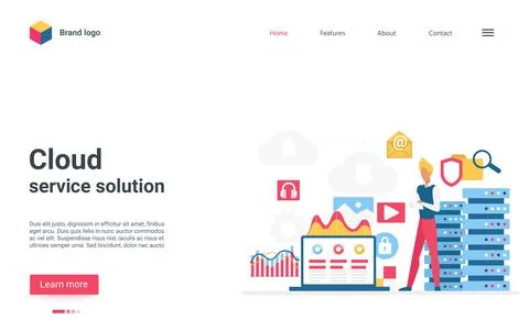 Cloud service solution landing page, user man standing near cloud storage server 库存插图