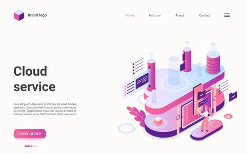 Cloud service storage concept isometric landing page, 3d computing data Stock Illustration