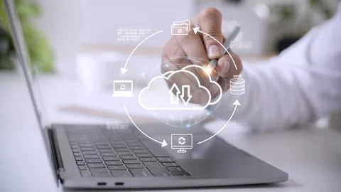 Cloud service technology concept with digital data storage icons. Stock Photos