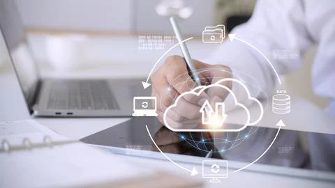 Cloud service technology concept with digital data storage icons. Stock Photos
