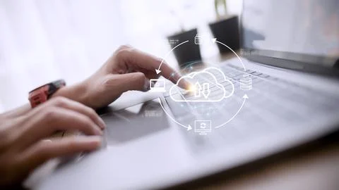 Cloud service technology concept with digital data storage icons. Stock Photos