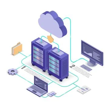 Cloud service technology flowchart, isometric vector illustration. Stock Illustration