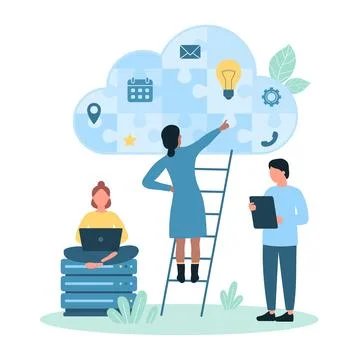 Cloud service usage, tiny people plan work with puzzle jigsaw inside cloud Stock Illustration