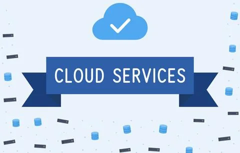Cloud services banner with white check mark cloud icon, blue ribbon, server Stock Illustration