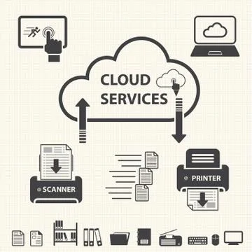 Cloud services with document. Cloud computing concept. Vector icons 스톡 일러스트