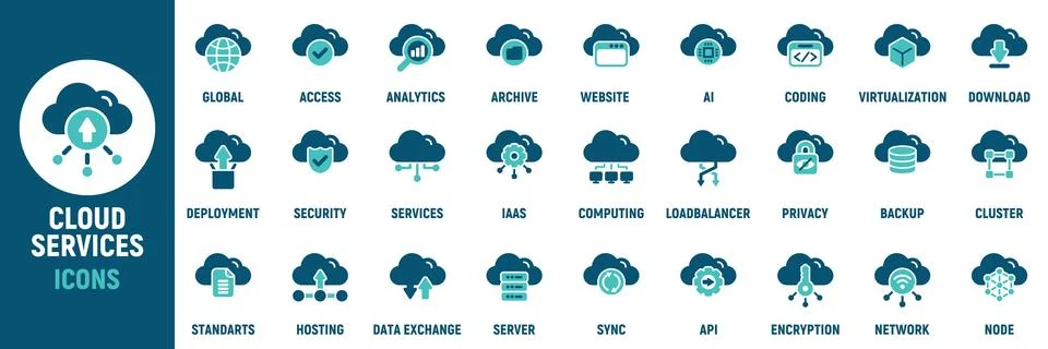 Cloud services icon set. Containing storage, backup, hosting 스톡 일러스트