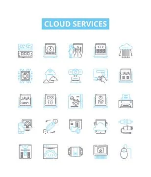Cloud services vector line icons set. Cloud, Services, Computing, Hosting Stock Illustration