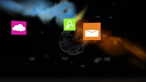 Cloud, settings, and email icons floating over digital network and data Stock Footage 303528461