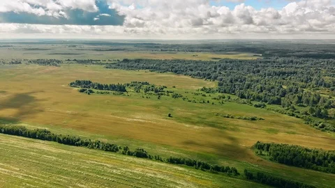 Cloud shadows crawl over summer fields and a forest Stock Footage 109237312