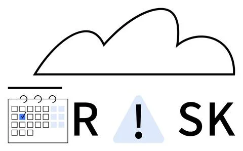 Cloud shape above calendar with marked date and RISK text with exclamation tr Illustrazione stock