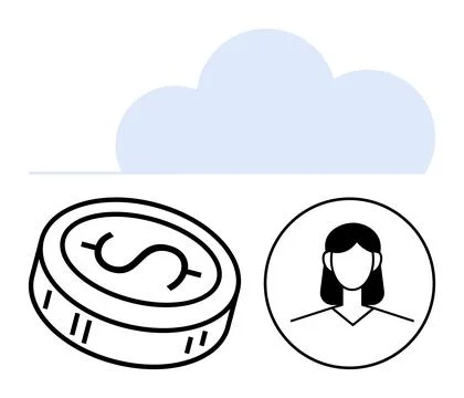 Cloud shape above a coin with a dollar sign and an anonymous users silhouette Stock Illustration