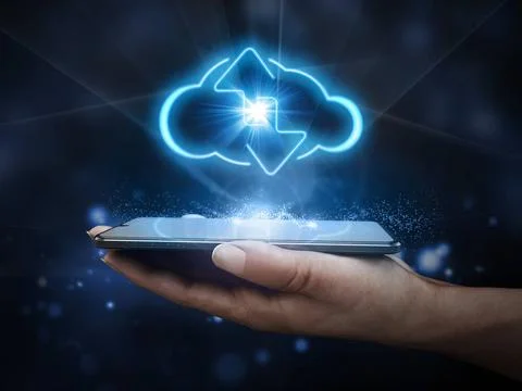 Cloud shape and download upload arrows on smartphone in hand. 3D illustrat... Stock Photos