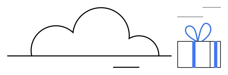 Cloud shape and wrapped gift box with ribbon in simple outline style. Ideal f Illustrazione stock