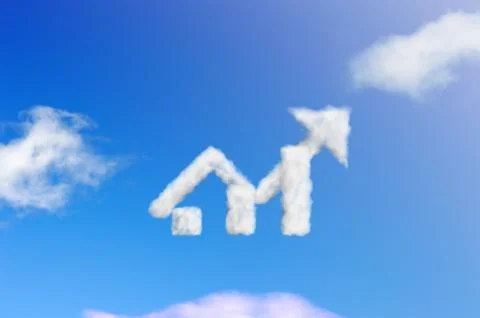 Cloud shape arrow pointing up on a blue sky Illustrazione stock