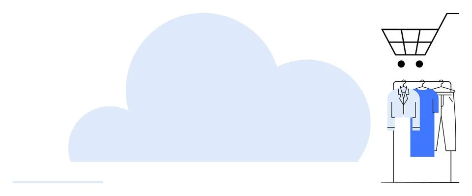 Cloud shape beside a clothing rack holding shirts and dresses with shopping c Stock Illustration