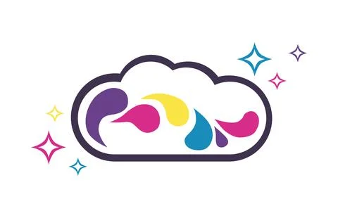 Cloud shape with color splashes in it and with sparkles. Vector isolated on.. Stock Illustration