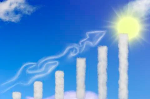 Cloud shape columns with arrow up wind by the sun on a blue sky Stock Illustration