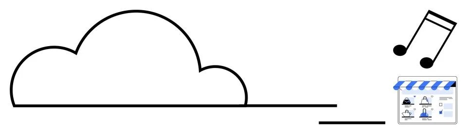Cloud shape connected to a small application store icon with a music note abo Stock Illustration