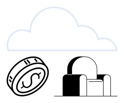 Cloud shape, dollar coin, and secure vault represent financial data storage a Ilustración de archivo