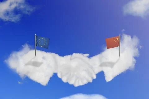 Cloud shape of the EU and China shake hands on blue sky. Stock Illustration