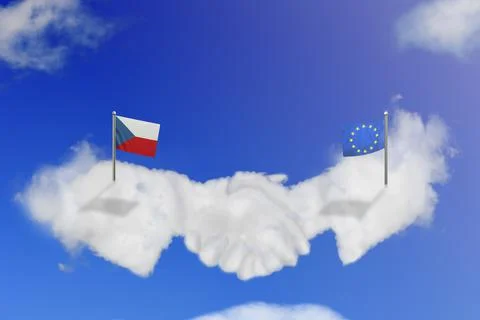 Cloud shape of the EU and the Czech shake hands on blue sky. Stock Illustration