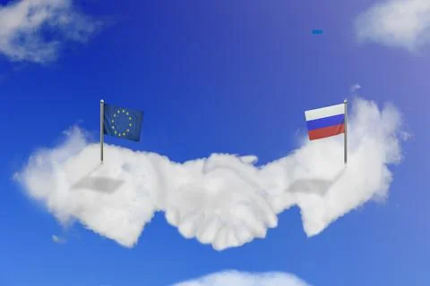 Cloud shape of the EU and Russia shake hands on blue sky. Stock Illustration