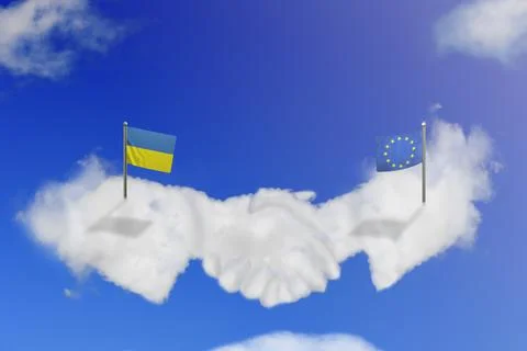 Cloud shape of the EU and Ukraine shake hands on blue sky. Stock Illustration