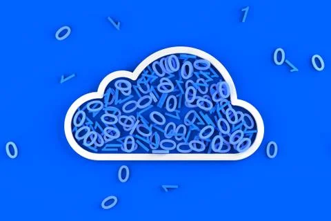 Cloud shape filled with zeros and ones on blue background, technology, data o Stock Illustration