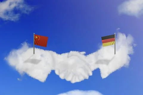 Cloud shape of Germany and China shake hands on blue sky. Stock Illustration