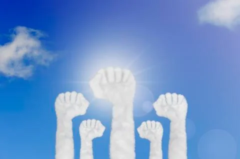 Cloud shape of hands raised fist air on blue sky. Stock Illustration