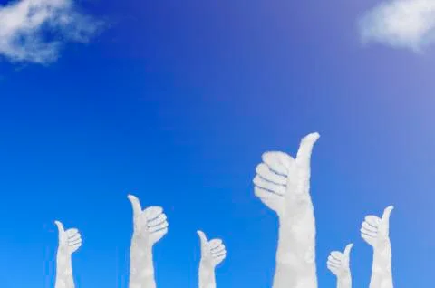 Cloud shape of hands with the raised thumbs on blue sky. Concept success and Stock Illustration