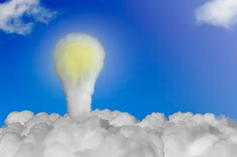 Cloud shape light bulb on blue sky. Concept new idea. Stock Illustration