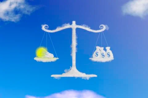 Cloud shape of light bulb idea and money on balance scale, Stock Illustration