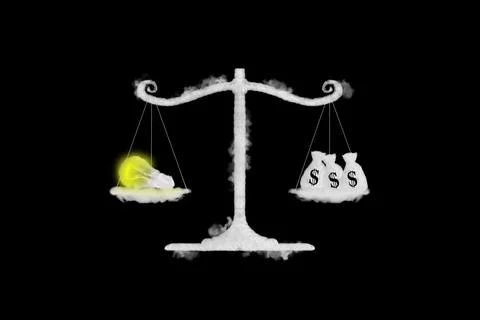 Cloud shape of light bulb idea and money on balance scale, black background. Illustrazione stock
