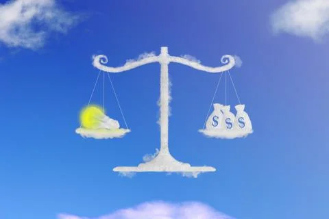 Cloud shape of light bulb idea and money on balance scale, blue sky backgroun Stock Photos