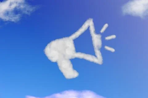 Cloud shape of megaphone with a refer a friend concept on blue sky. Stock Illustration